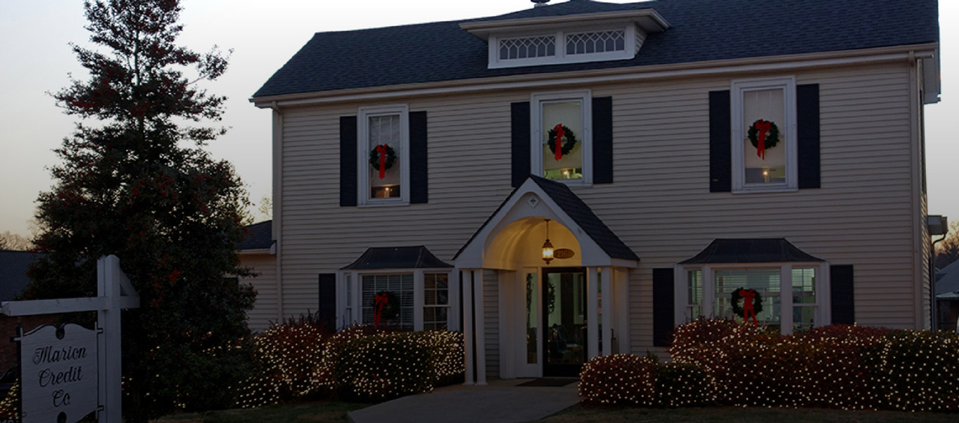 Marion credit company building with Christmas ornaments in Marion North Carolina